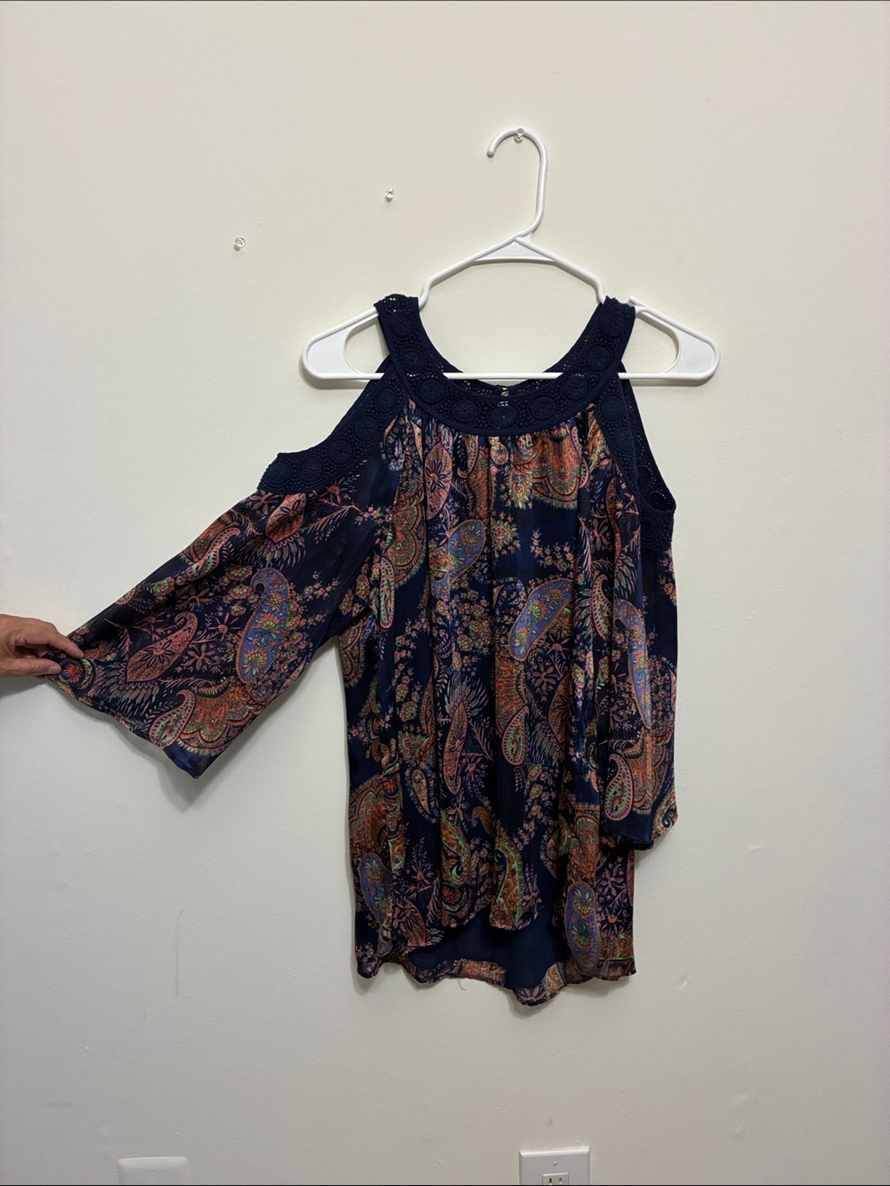 Daniel Rainn Navy Paisley Cold-Shoulder Blouse with Crochet Trim